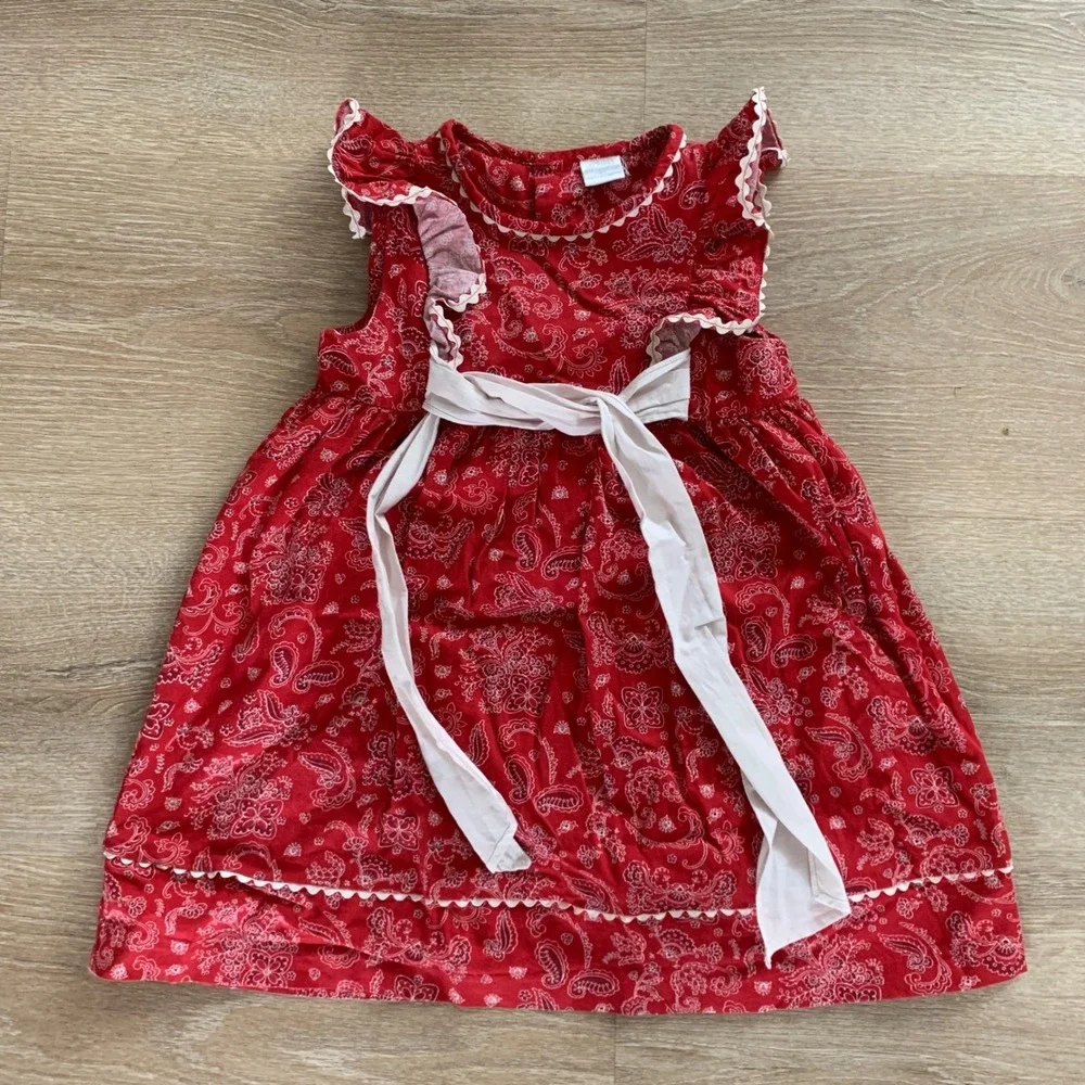 Edgehill Collection bandanna Girls Red Paisley Ric Rac Sleeve‎ Sash Dress 4T